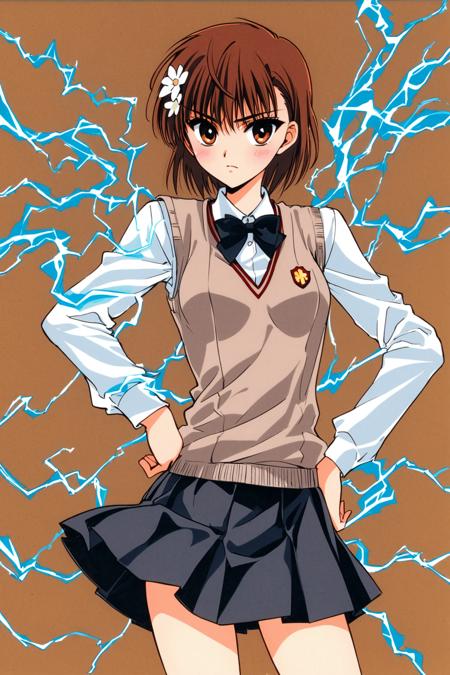 31133-820275346-1girl,misaka mikoto,skirt,solo,brown hair,brown eyes,hair ornament,bow,pleated skirt,looking at viewer,short hair,hand on hip,bo.png